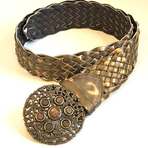 NWT ALEXANDRA’S ACCENTS Boho Belt Bronze Braided Vegan Leather Jewel Buckle L